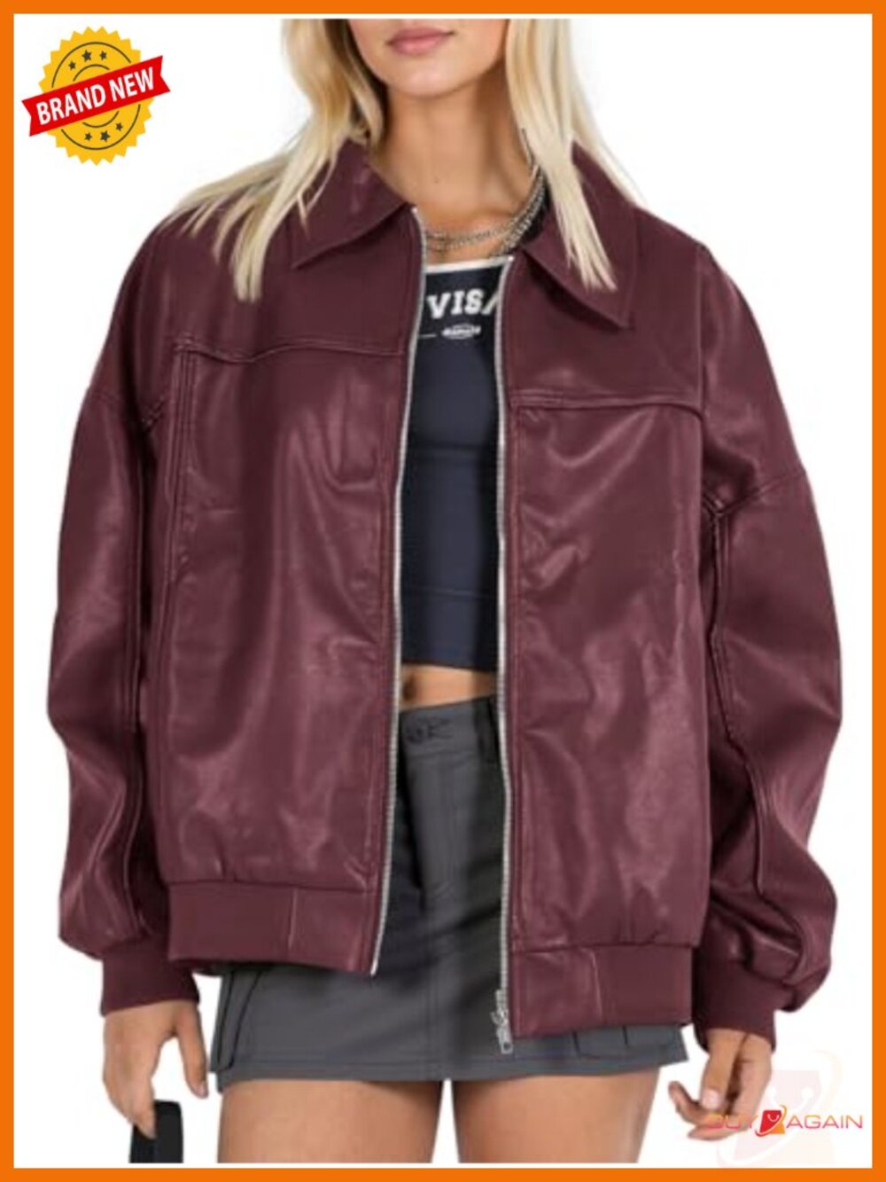 Faux Leather Jacket Oversized Bomber Zip Moto Biker Coat